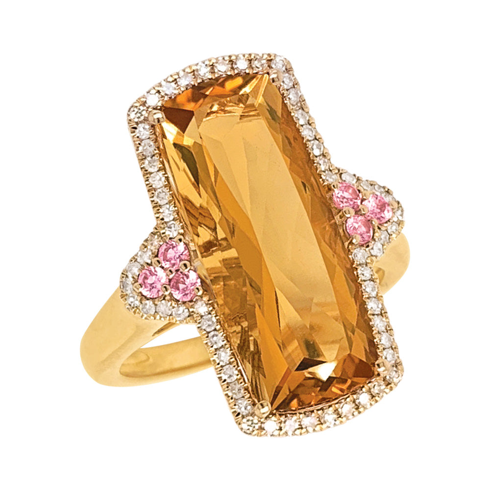 9ct YG Rectangle Citrine 20x8mm, Pink Saphhire =.24pts & Diamond =.60pts GHSI Ring