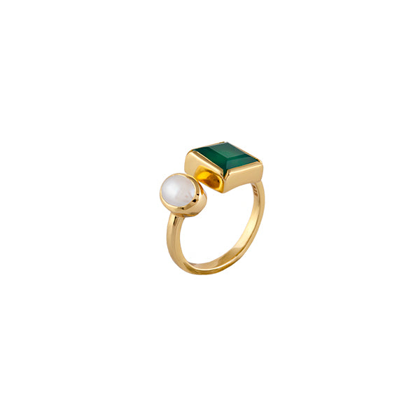 GOLD PLATED STERLING SILVER RING WITH FRESHWATER PEARL, GREEN ONYX