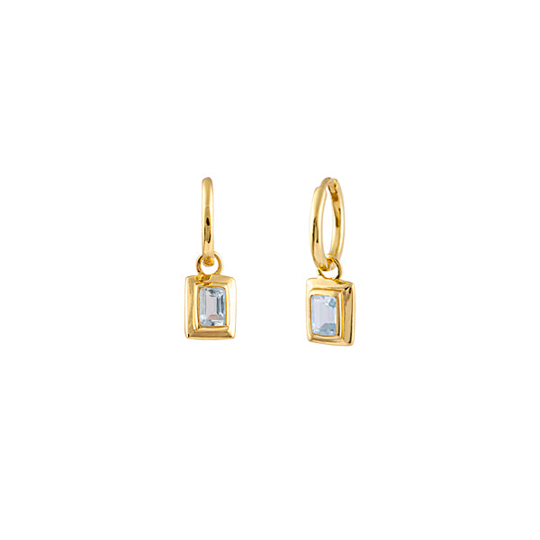 GOLD PLATED STERLING SILVER DROP HOOP EARRINGS WITH BLUE TOPAZ