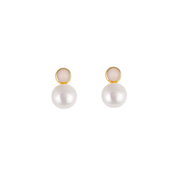 GOLD PLATED STERLING SILVER STUD EARRINGS WITH PINK OPAL AND FRESHWATER PEARL