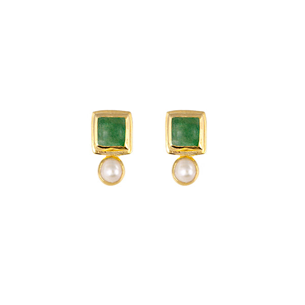 GOLD PLATED STERLING SILVER STUD EARRING WITH GREEN AVENTURINE AND FRESHWATER PEARL