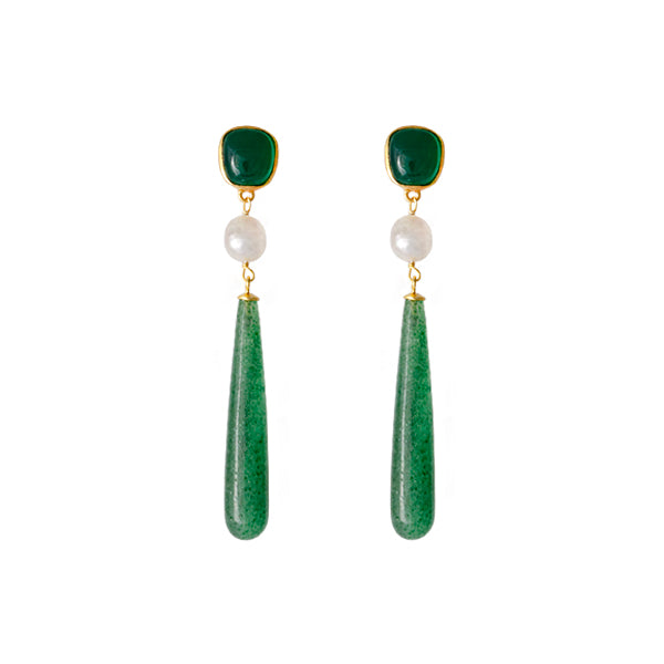 GOLD PLATED STERLING SILVER DROP EARRINGS WITH ONYX, FRESHWATER PEARL, GREEN AVENTURINE