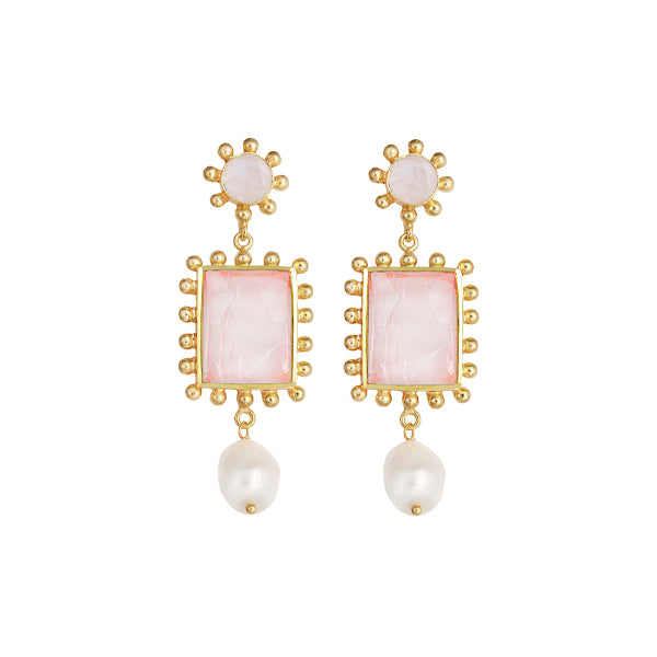 GOLD PLATED BRASS STATEMENT EARRINGS WITH MOONSTONE, ROSE QUARTZ, FRESHWATER PEARL