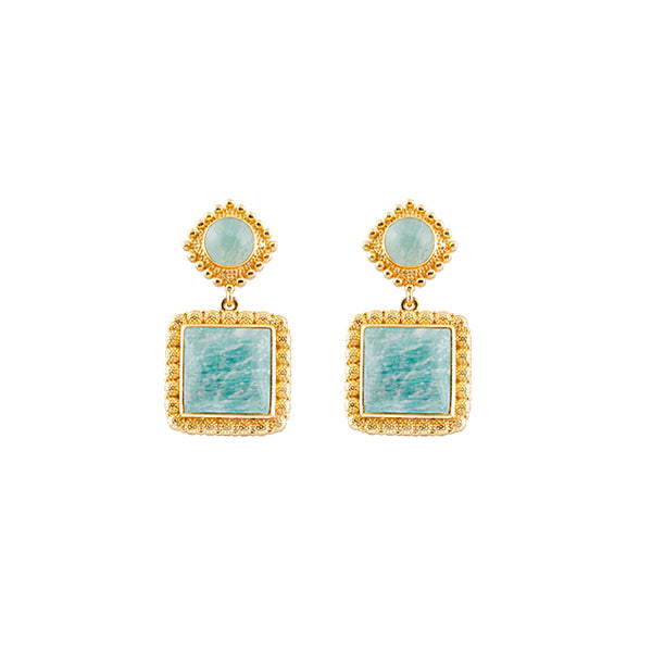 GOLD PLATED BRASS STATEMENT EARRINGS WITH AMAZONITE.