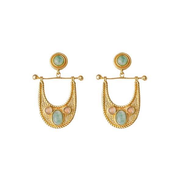 GOLD PLATED BRASS STATEMENT EARRINGS WITH AMAZONITE, ROSE QUARTZ CABASHION