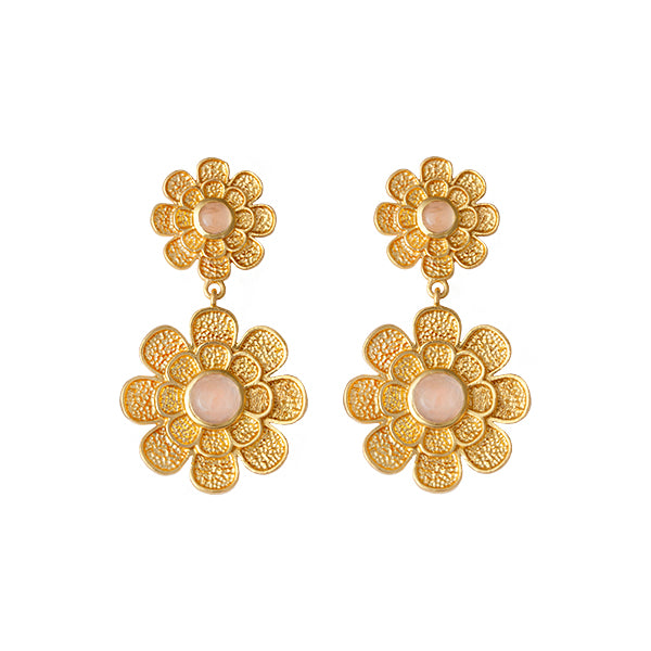 GOLD PLATED BRASS STATEMENT EARRINGS WITH ROSE QUARTZ CABASHION