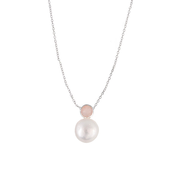 RHODIUM PLATED STERLING SILVER NECKLACE WITH PINK OPAL, FRESHWATER PEARL