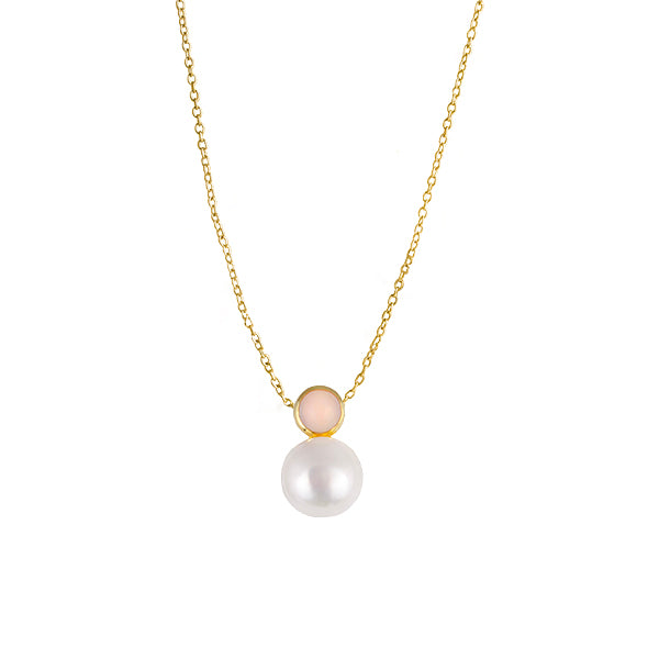 GOLD PLATED STERLING SILVER NECKLACE WITH PINK OPAL, FRESHWATER PEARL