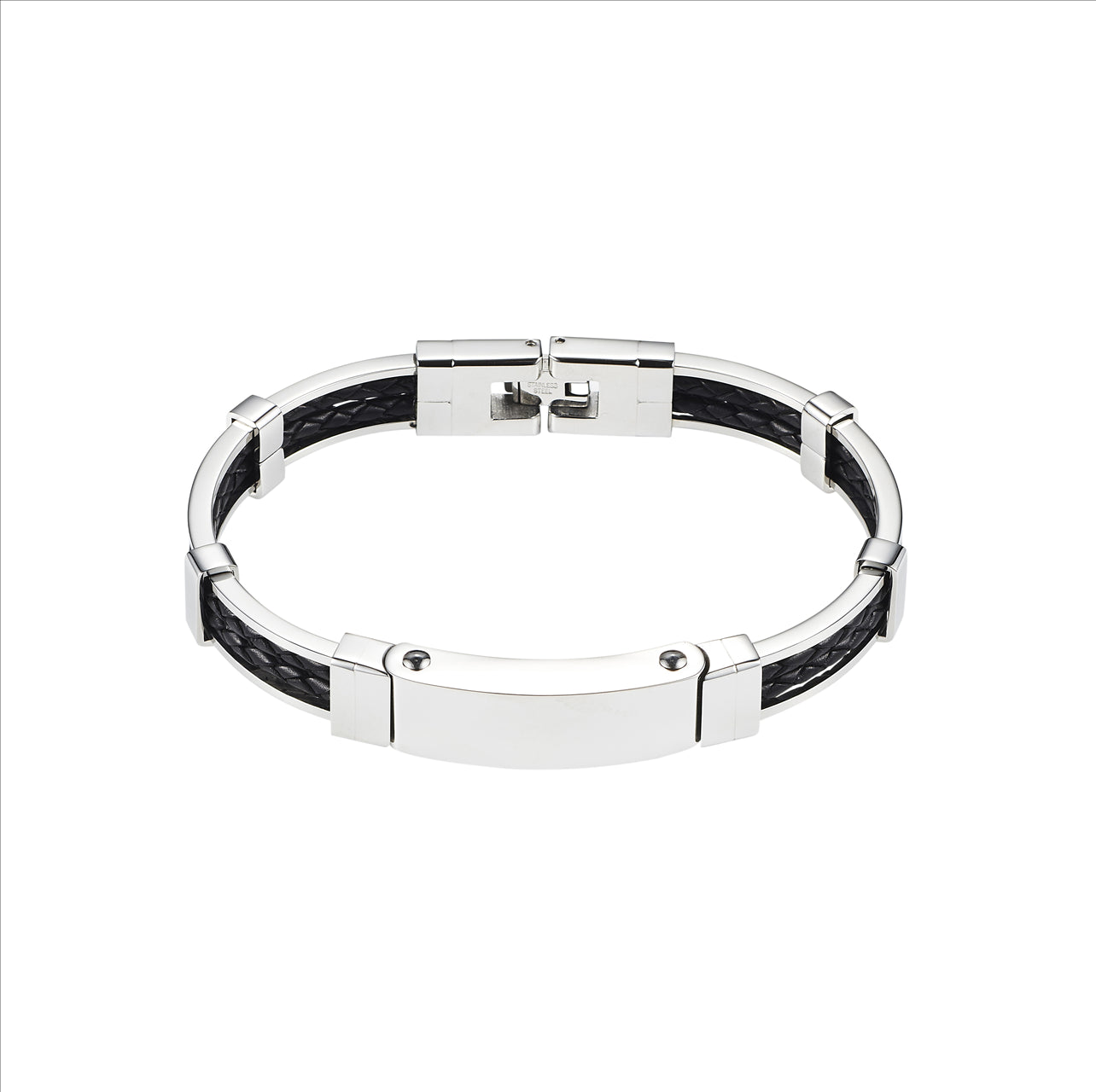 Polished Stainless Steel Bracelet with Double Strand Braided Black Leather