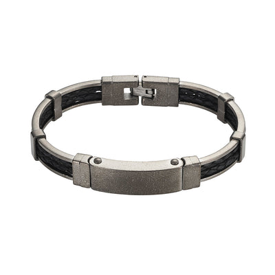 IP Antique Gun Metal Stainless Steel/Black Leather Bracelet