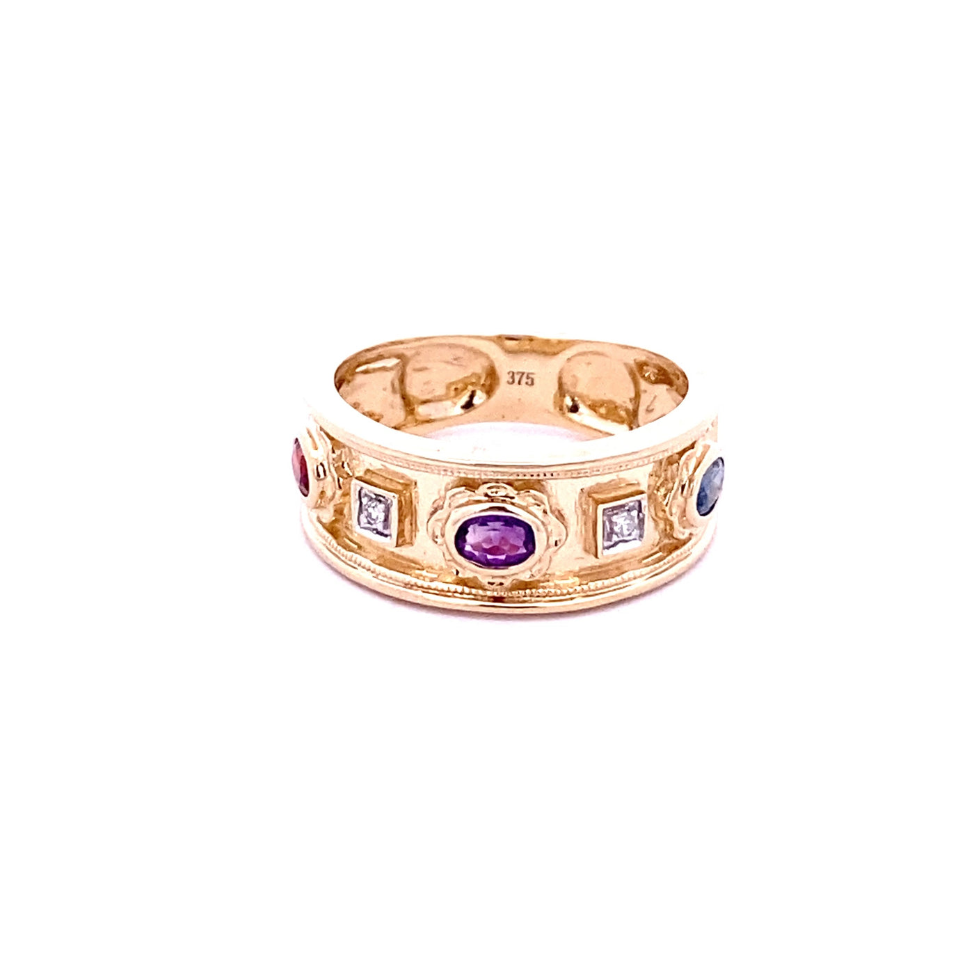 9CT Yellow Gold Garnet, Amethyst, Sapphire And Diamond Ring