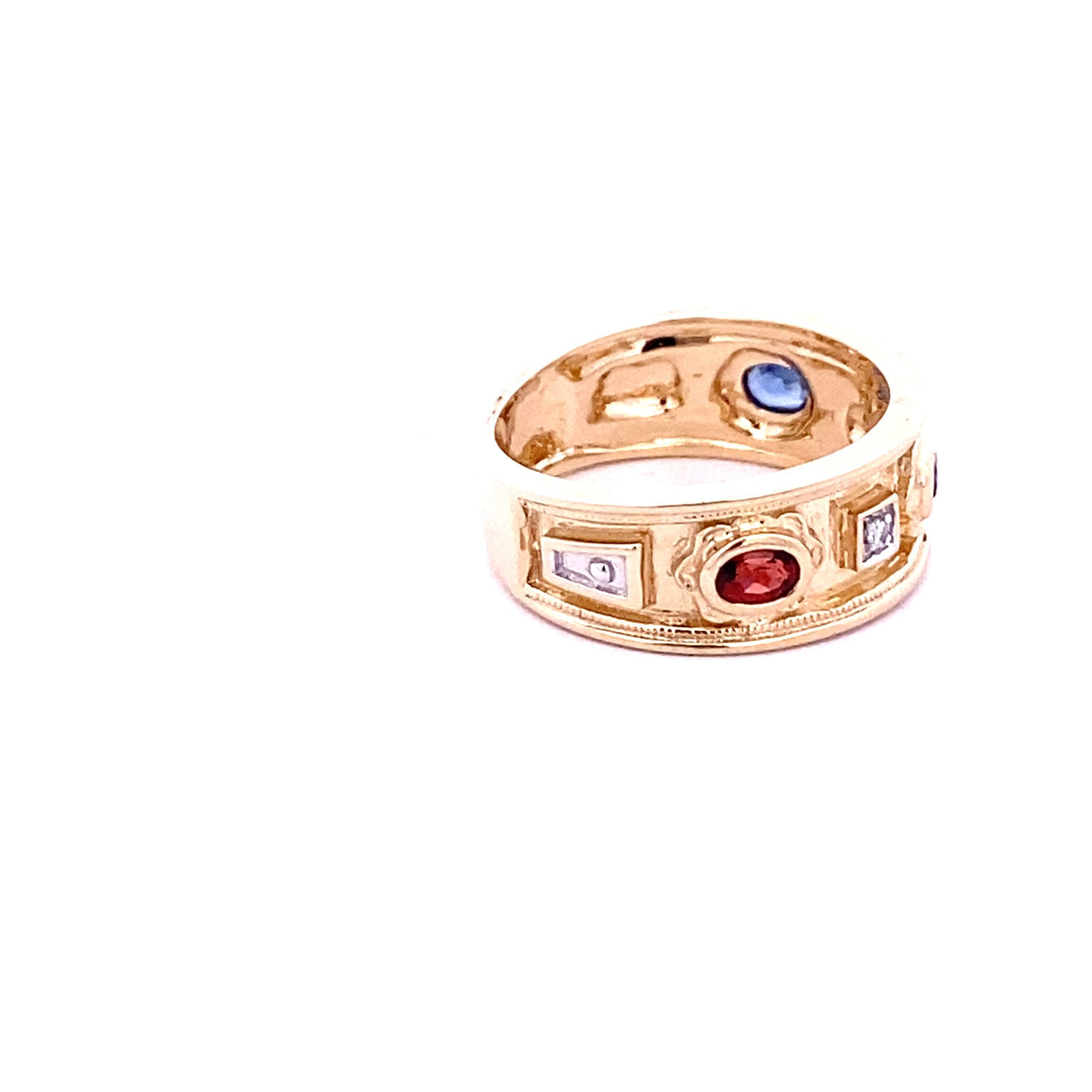 9CT Yellow Gold Garnet, Amethyst, Sapphire And Diamond Ring