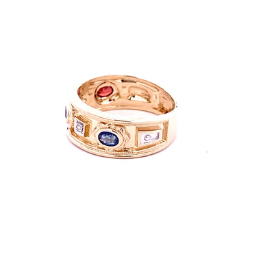 9CT Yellow Gold Garnet, Amethyst, Sapphire And Diamond Ring