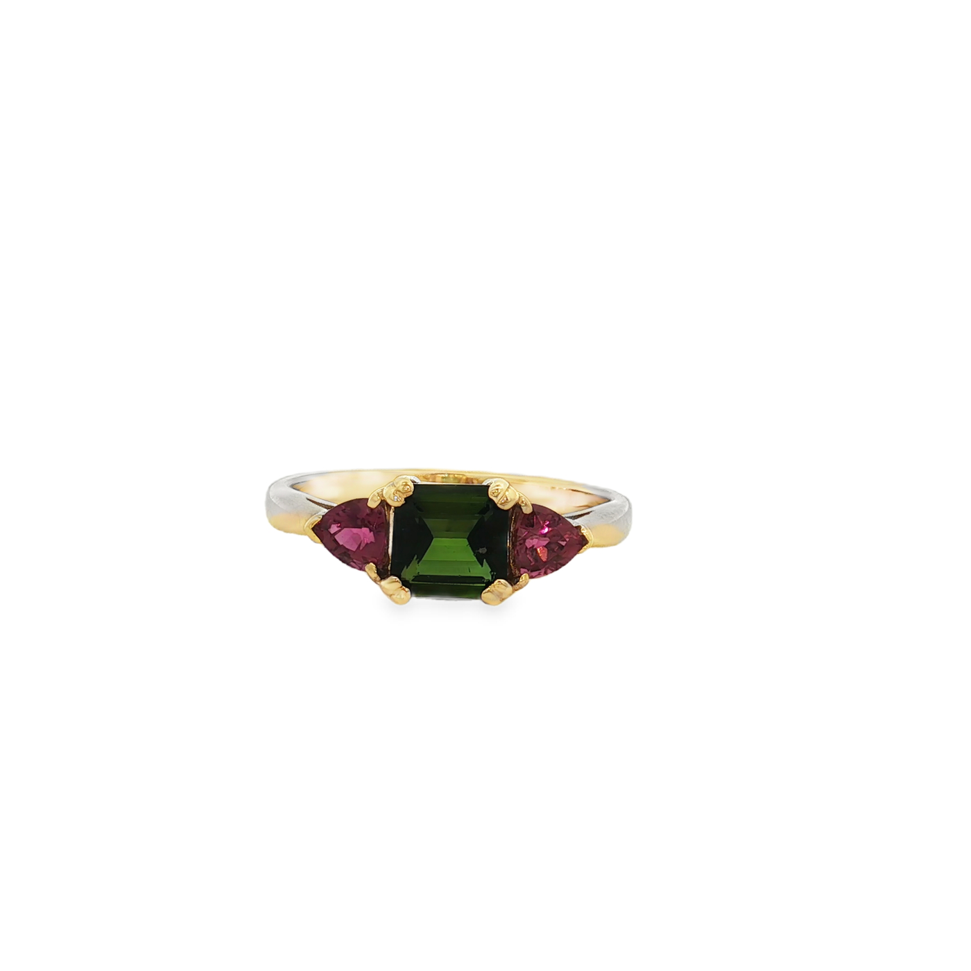 9ct Yellow Gold Ring with Emerald Cut Green And Pink Tourmaline