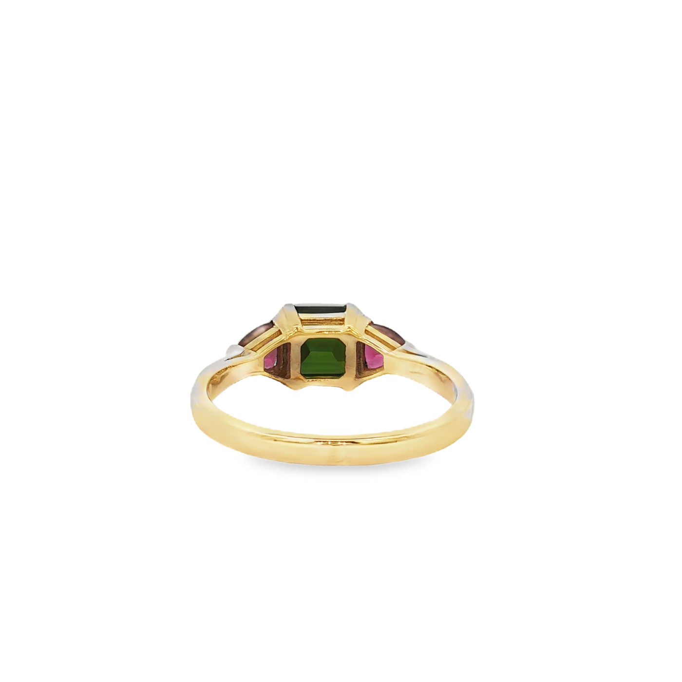 9ct Yellow Gold Ring with Emerald Cut Green And Pink Tourmaline