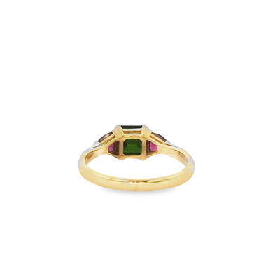 9ct Yellow Gold Ring with Emerald Cut Green And Pink Tourmaline
