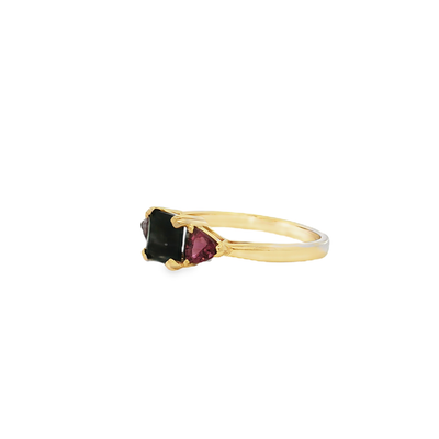 9ct Yellow Gold Ring with Emerald Cut Green And Pink Tourmaline