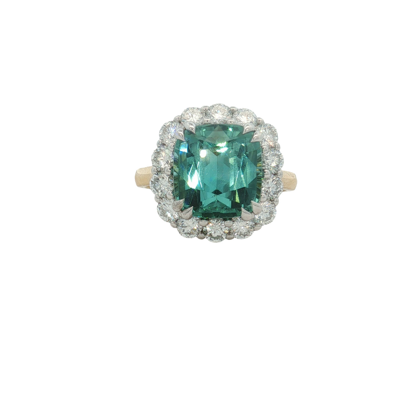 18ct Yellow And White Gold Cushion Cut Tourmaline And Laboratory Grown Diamond Ring