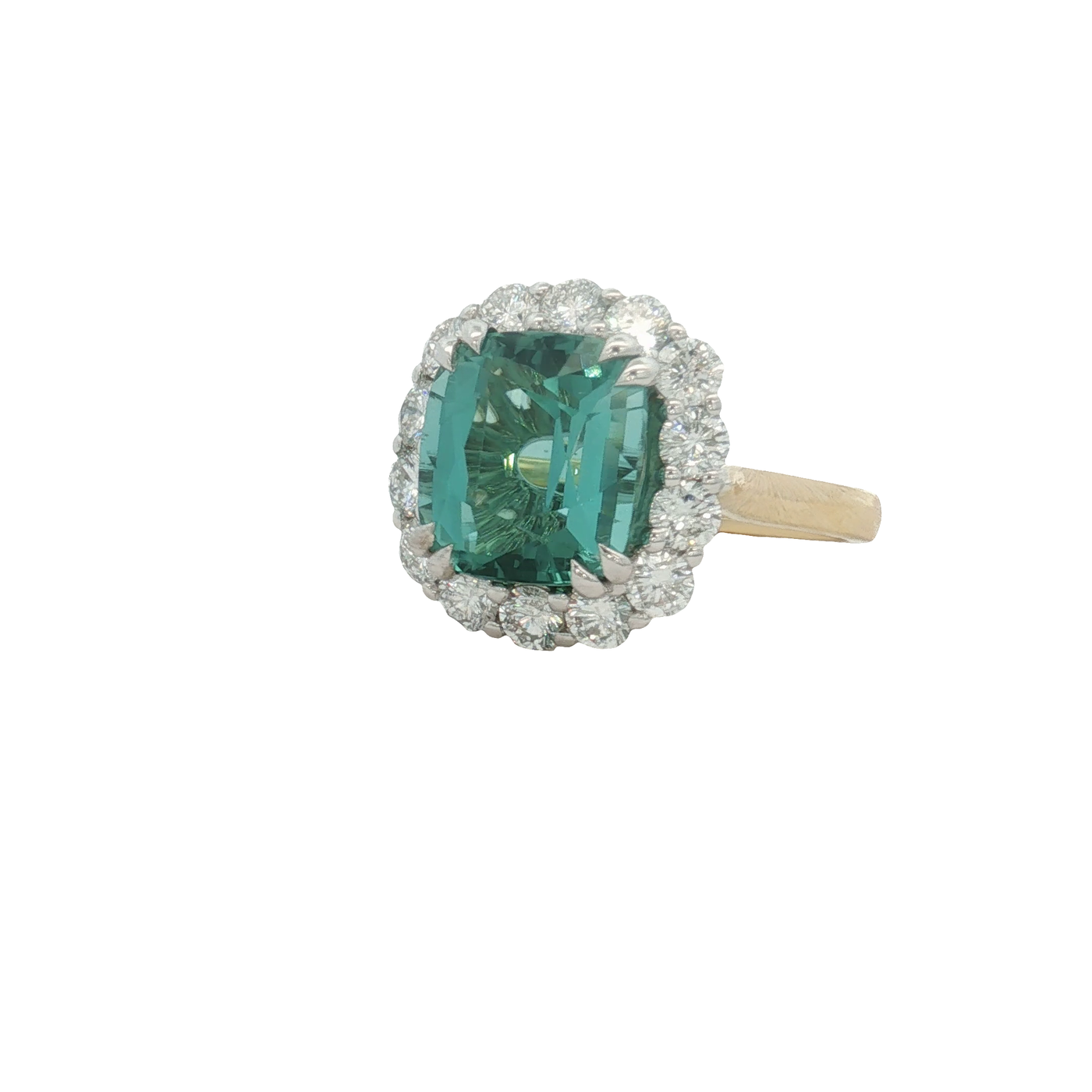 18ct Yellow And White Gold Cushion Cut Tourmaline And Laboratory Grown Diamond Ring
