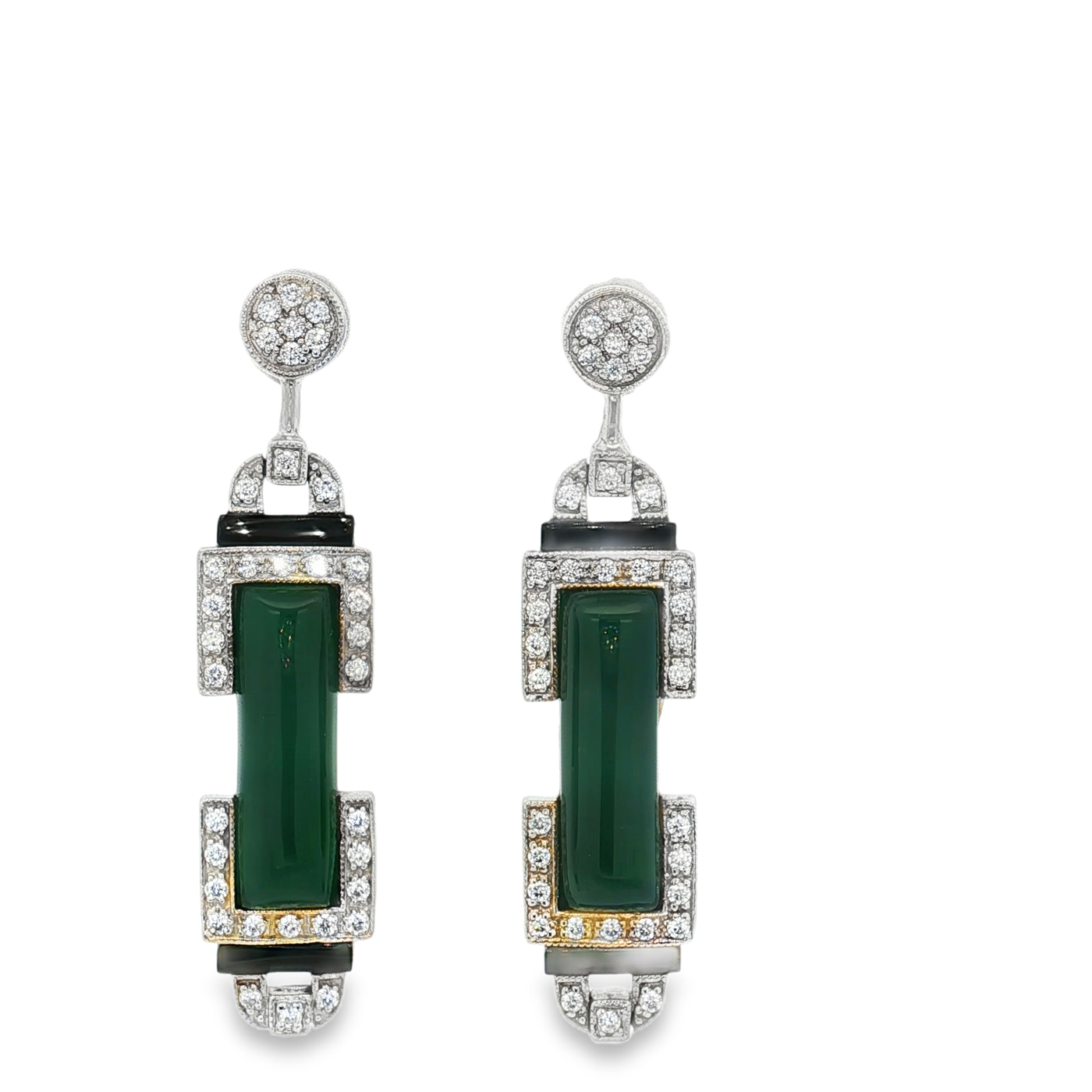 Sterling Silver Art Deco Green Agate , Cubic And Onyx  Earrings