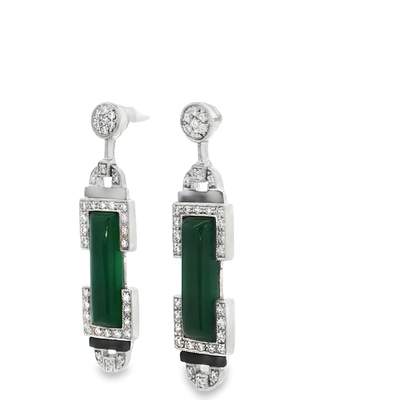 Sterling Silver Art Deco Green Agate , Cubic And Onyx  Earrings