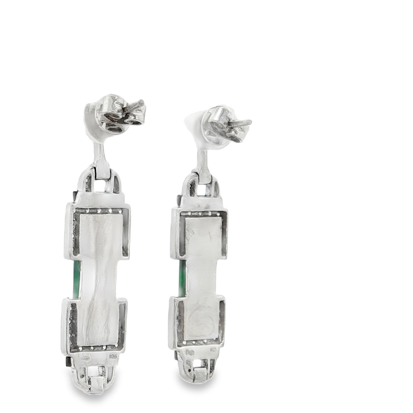 Sterling Silver Art Deco Green Agate , Cubic And Onyx  Earrings