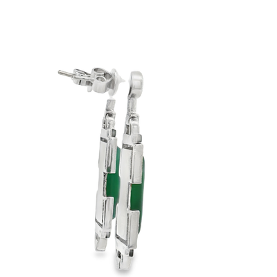 Sterling Silver Art Deco Green Agate , Cubic And Onyx  Earrings