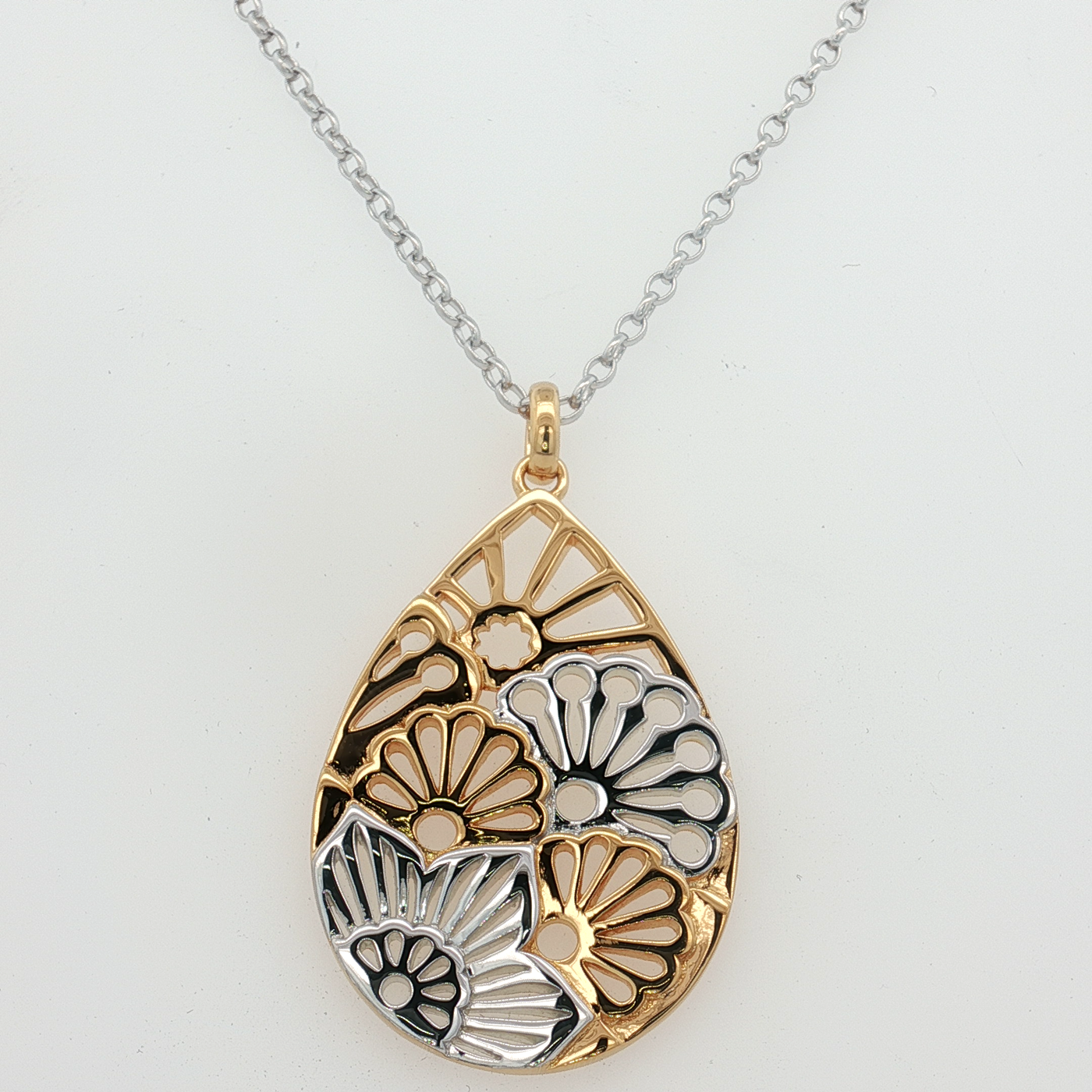 Sterling Silver 9ct Yellow Gold Plated Floral Charm Pendant Necklace 50cm