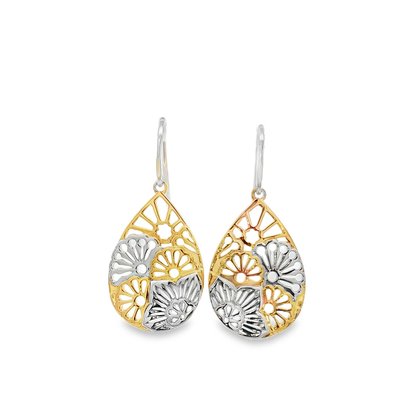 Sterling Silver/Yellow Gold Plate Floral Teardrop Drop Earrings