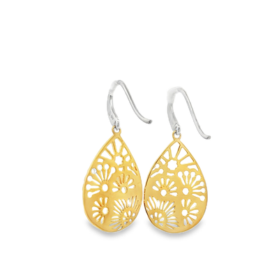 Sterling Silver/Yellow Gold Plate Floral Teardrop Drop Earrings