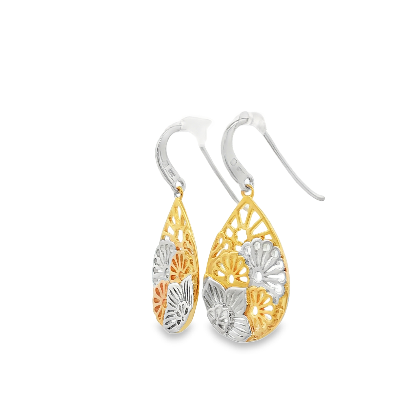 Sterling Silver/Yellow Gold Plate Floral Teardrop Drop Earrings