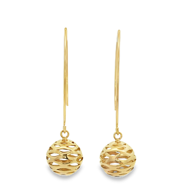 9ct Yellow Gold Drop Earrings with Pierced Sphere Design 12mm