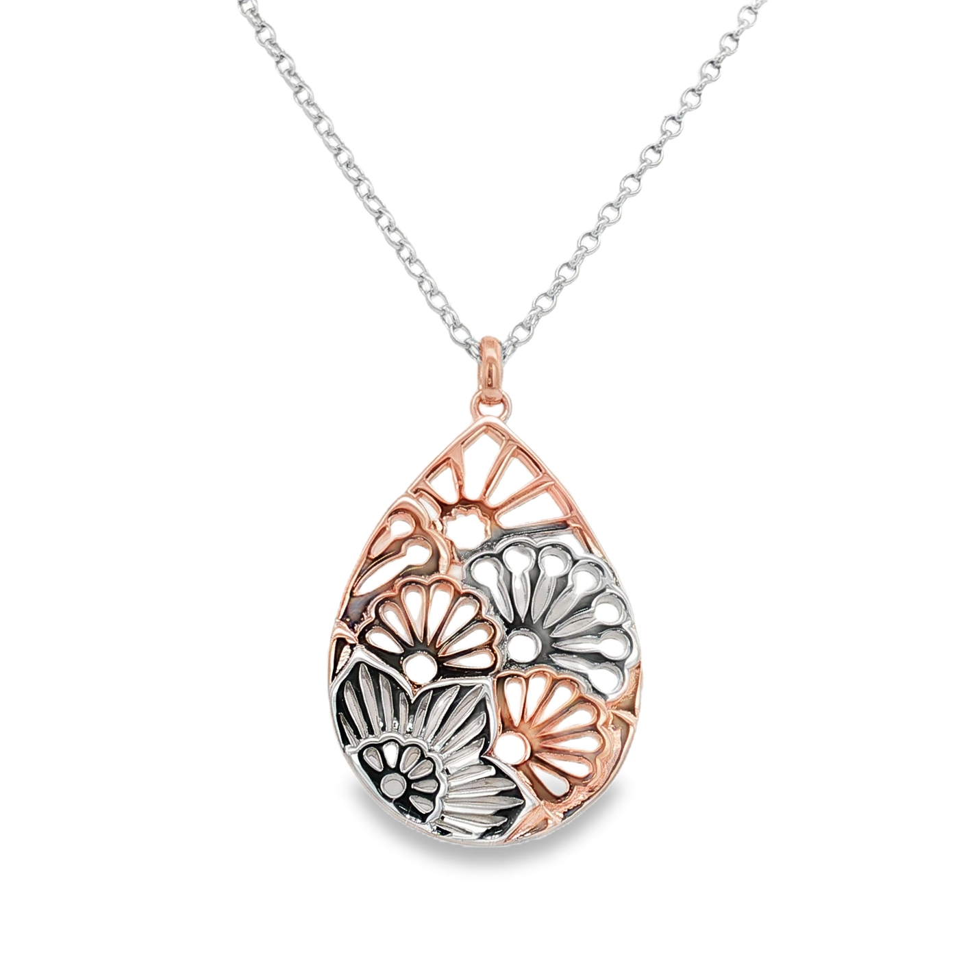 Sterling Silver Rose Gold Plated Floral Teardrop Pendant 45cm