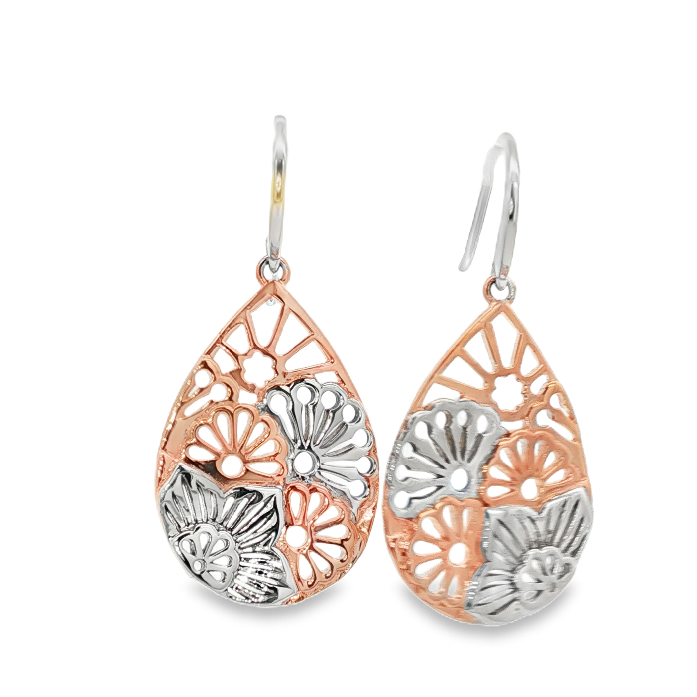 Sterling Silver and Rose Gold Plated Floral Teardrop Drop Earrings