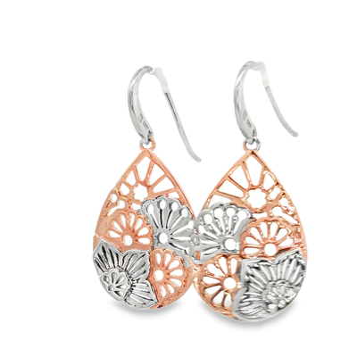 Sterling Silver and Rose Gold Plated Floral Teardrop Drop Earrings