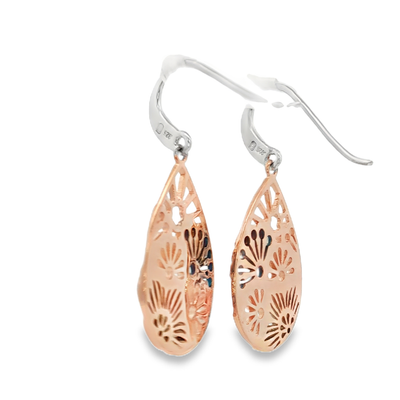 Sterling Silver and Rose Gold Plated Floral Teardrop Drop Earrings