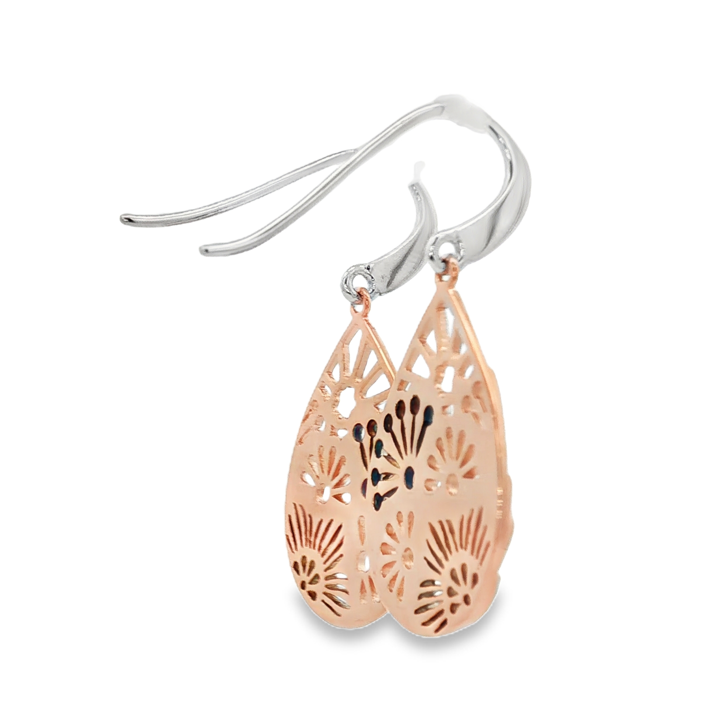 Sterling Silver and Rose Gold Plated Floral Teardrop Drop Earrings