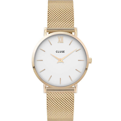 Cluse Minuit Mesh White Face Stainless Steel Watch Gold