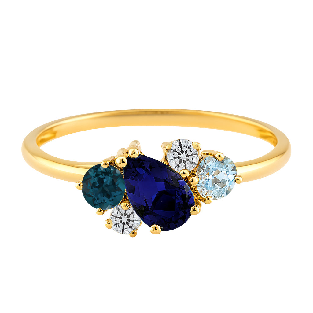 9ct Yellow Gold Multi Stone Sapphire Topaz And Diamond Ring
