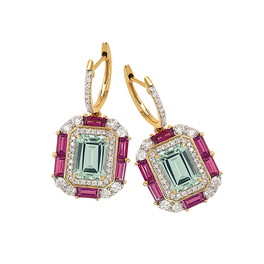 9ct Yellow Gold Green Quartz Rhodolite Garnet & Diamond Earrings
