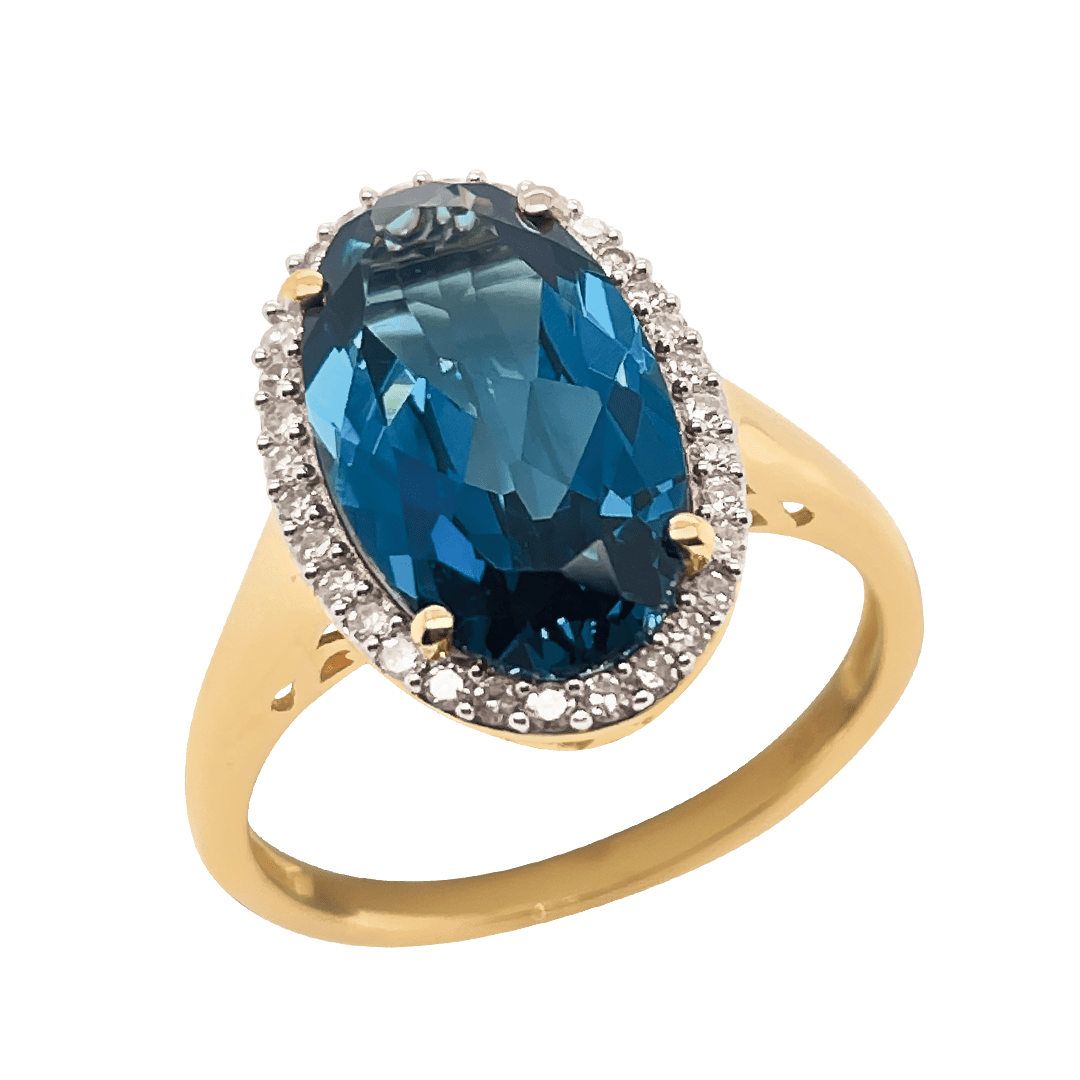 9ct Yellow Gold London Blue Topaz and Diamond Ring