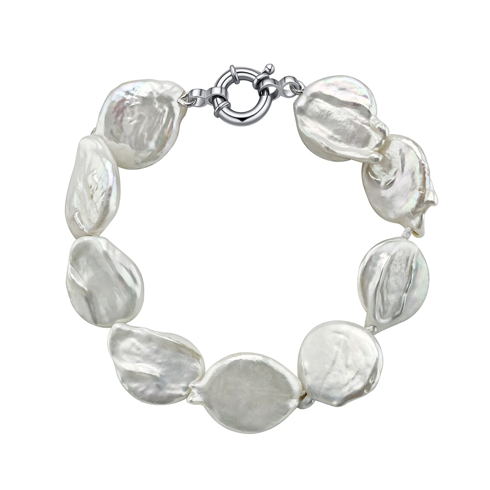 16mm White Flat Baroque Freshwater Pearl Bracelet/Sterling Silver Bolt Ring