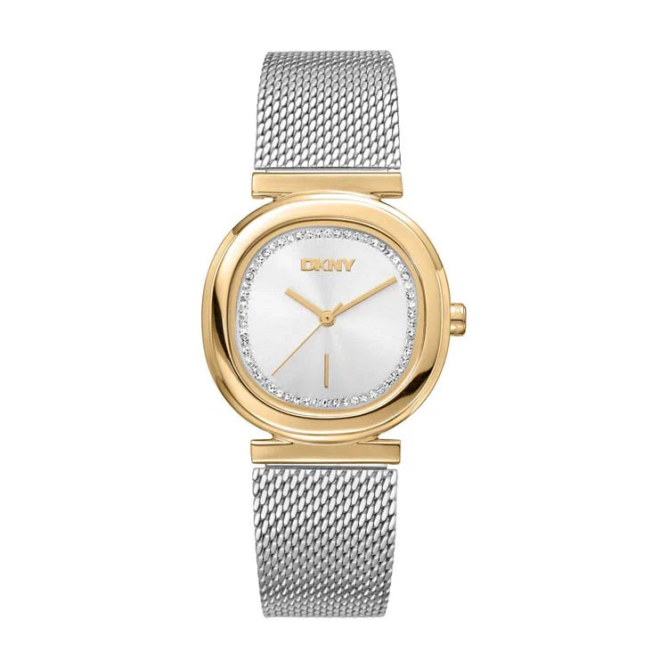 DKNY Evening Silver Dial Crystal Set Mesh Stainless Steel Watch Two Tone