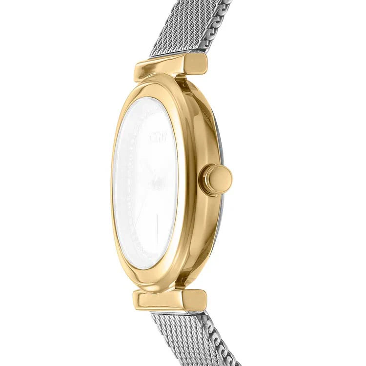 DKNY Evening Silver Dial Crystal Set Mesh Stainless Steel Watch Two Tone