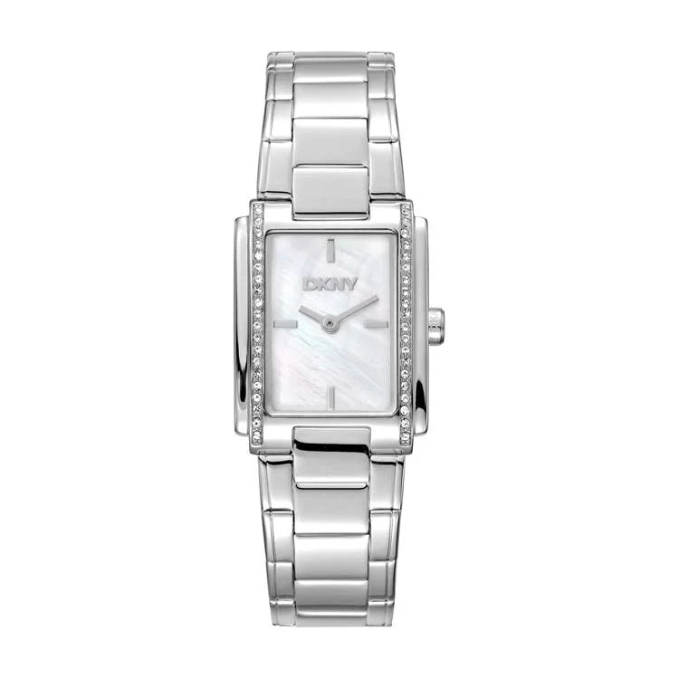DKNY Evening White Mother Of Pearl Crystal Set Stainless Steel Watch Silver
