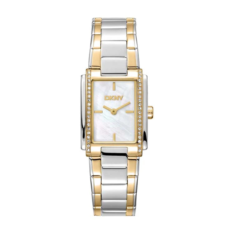 DKNY Evening Mother Of Pearl Dial Crystal Set Stainless Steel Watch Two-Tone