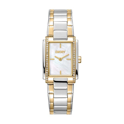 DKNY Evening Mother Of Pearl Dial Crystal Set Stainless Steel Watch Two-Tone