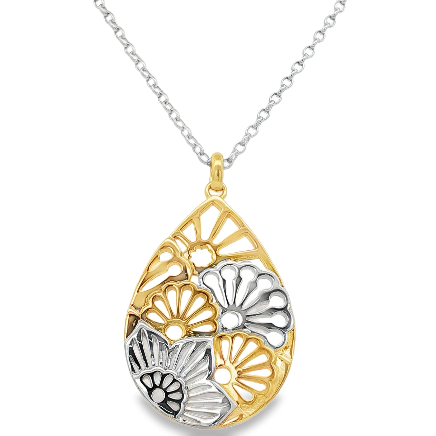Sterling Silver 9ct Yellow Gold Plated Floral Charm Pendant Necklace 50cm