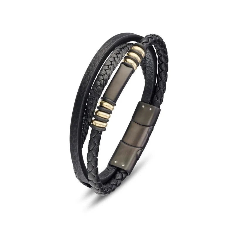 Blaze Black Leather Multi Strand Stainless Steel Gold Detail Bracelet (22cm+est) SSBG272