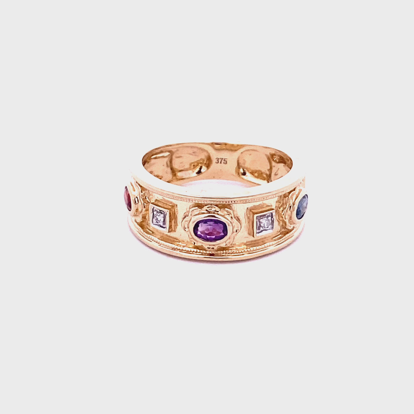 9CT Yellow Gold Garnet, Amethyst, Sapphire And Diamond Ring